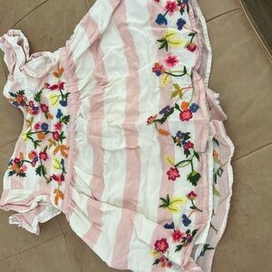 Pink and White Striped Dress with Floral Embroidery